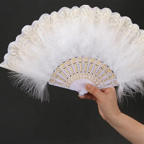 YKMYXZ, Zusammenklappbare Federfächer, Federfächer, Tanzaufführung, Faltbarer Handfächer, dekorativ, handgefertigt, for Hochzeit, Party, Bühne(White) von YKMYXZ