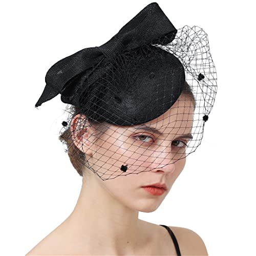 YKMYXZ Blumen-Stirnband, Braut Hochzeit Kopfbedeckung Kopfschmuck Haarspange Cocktail Fascinator Hut for Frauen Haarschmuck Schleier(Black) von YKMYXZ