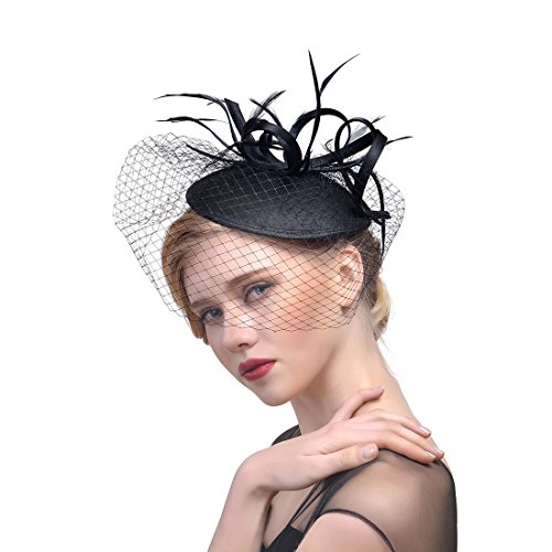 YKMYXZ Blumen-Stirnband, Damen Fascinator Hut Haarspange Feder Hochzeit Braut Cocktailhut Derby Kirche Bankett for Mädchen(MSM 002 black) von YKMYXZ