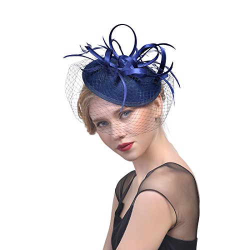 YKMYXZ Blumen-Stirnband, Damen Fascinator Hut Haarspange Feder Hochzeit Braut Cocktailhut Derby Kirche Bankett for Mädchen(MSM 002 navy) von YKMYXZ