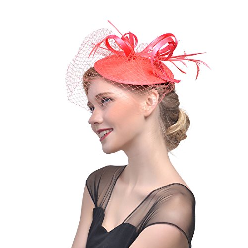 YKMYXZ Blumen-Stirnband, Damen Fascinator Hut Haarspange Feder Hochzeit Braut Cocktailhut Derby Kirche Bankett for Mädchen(MSM 002 orange) von YKMYXZ