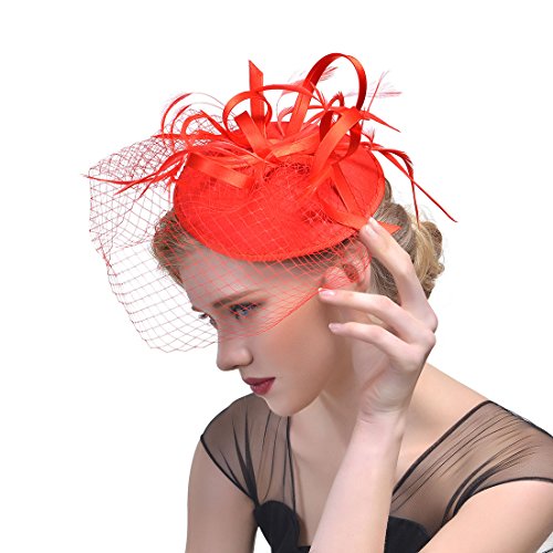 YKMYXZ Blumen-Stirnband, Damen Fascinator Hut Haarspange Feder Hochzeit Braut Cocktailhut Derby Kirche Bankett for Mädchen(MSM 002 red) von YKMYXZ