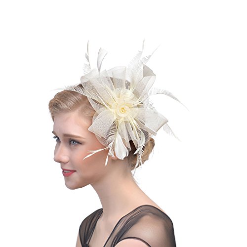 YKMYXZ Blumen-Stirnband, Damen Fascinator Hut Haarspange Feder Hochzeit Braut Cocktailhut Derby Kirche Bankett for Mädchen(MSM 003 beige) von YKMYXZ