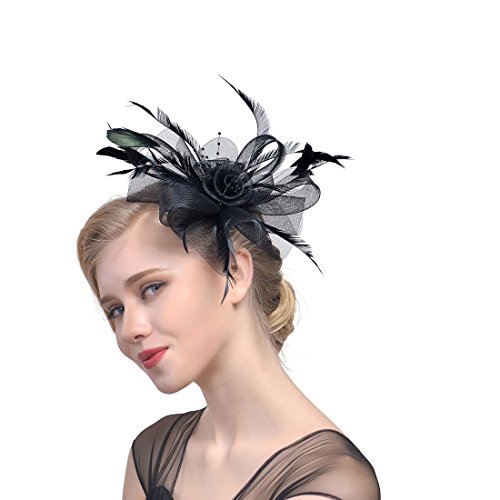 YKMYXZ Blumen-Stirnband, Damen Fascinator Hut Haarspange Feder Hochzeit Braut Cocktailhut Derby Kirche Bankett for Mädchen(MSM 003 black) von YKMYXZ