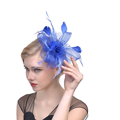 YKMYXZ Blumen-Stirnband, Damen Fascinator Hut Haarspange Feder Hochzeit Braut Cocktailhut Derby Kirche Bankett for Mädchen(MSM 003 blue) von YKMYXZ