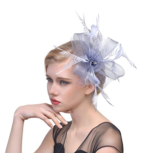 YKMYXZ Blumen-Stirnband, Damen Fascinator Hut Haarspange Feder Hochzeit Braut Cocktailhut Derby Kirche Bankett for Mädchen(MSM 003 grey) von YKMYXZ
