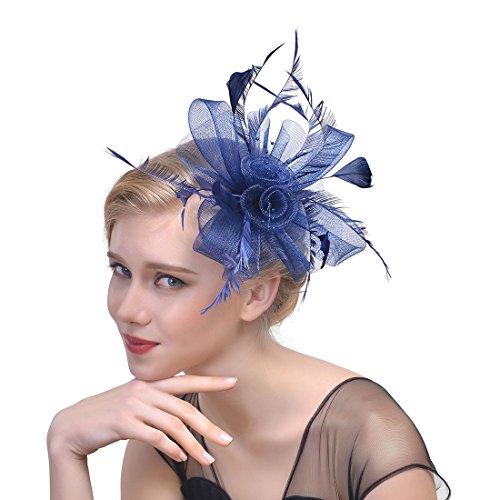 YKMYXZ Blumen-Stirnband, Damen Fascinator Hut Haarspange Feder Hochzeit Braut Cocktailhut Derby Kirche Bankett for Mädchen(MSM 003 navy) von YKMYXZ