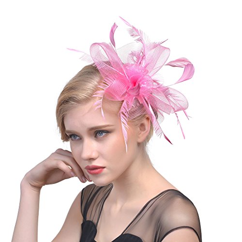 YKMYXZ Blumen-Stirnband, Damen Fascinator Hut Haarspange Feder Hochzeit Braut Cocktailhut Derby Kirche Bankett for Mädchen(MSM 003 pink) von YKMYXZ
