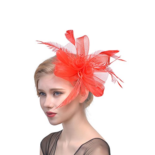 YKMYXZ Blumen-Stirnband, Damen Fascinator Hut Haarspange Feder Hochzeit Braut Cocktailhut Derby Kirche Bankett for Mädchen(MSM 003 red) von YKMYXZ