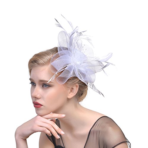 YKMYXZ Blumen-Stirnband, Damen Fascinator Hut Haarspange Feder Hochzeit Braut Cocktailhut Derby Kirche Bankett for Mädchen(MSM 003 white) von YKMYXZ