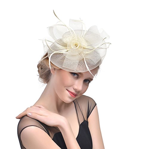YKMYXZ Blumen-Stirnband, Damen Fascinator Hut Haarspange Feder Hochzeit Braut Cocktailhut Derby Kirche Bankett for Mädchen(MSM 004 beige) von YKMYXZ