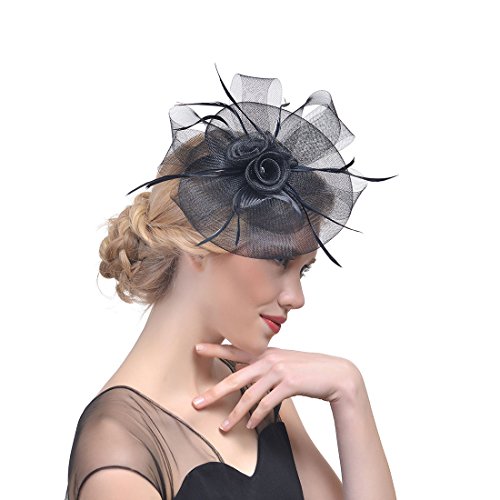 YKMYXZ Blumen-Stirnband, Damen Fascinator Hut Haarspange Feder Hochzeit Braut Cocktailhut Derby Kirche Bankett for Mädchen(MSM 004 black) von YKMYXZ