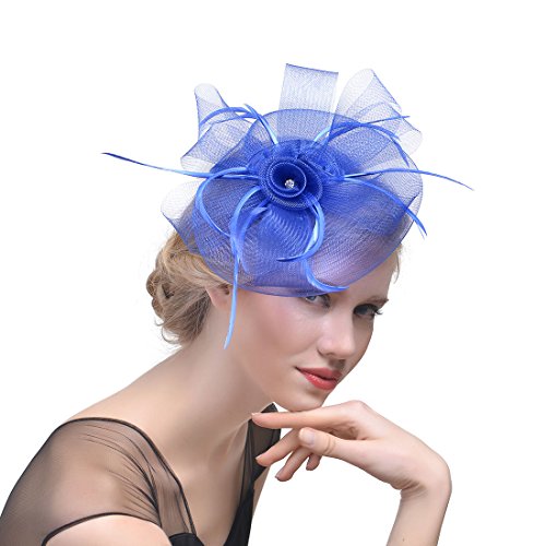 YKMYXZ Blumen-Stirnband, Damen Fascinator Hut Haarspange Feder Hochzeit Braut Cocktailhut Derby Kirche Bankett for Mädchen(MSM 004 blue) von YKMYXZ