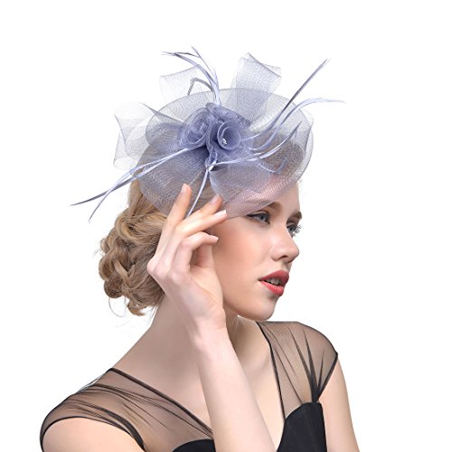 YKMYXZ Blumen-Stirnband, Damen Fascinator Hut Haarspange Feder Hochzeit Braut Cocktailhut Derby Kirche Bankett for Mädchen(MSM 004 grey) von YKMYXZ