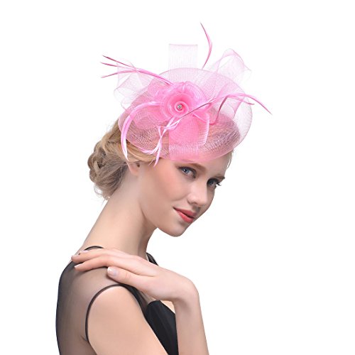 YKMYXZ Blumen-Stirnband, Damen Fascinator Hut Haarspange Feder Hochzeit Braut Cocktailhut Derby Kirche Bankett for Mädchen(MSM 004 pink) von YKMYXZ