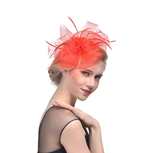 YKMYXZ Blumen-Stirnband, Damen Fascinator Hut Haarspange Feder Hochzeit Braut Cocktailhut Derby Kirche Bankett for Mädchen(MSM 004 red) von YKMYXZ