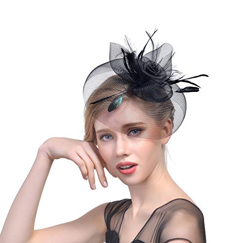 YKMYXZ Blumen-Stirnband, Damen Fascinator Hut Haarspange Feder Hochzeit Braut Cocktailhut Derby Kirche Bankett for Mädchen(MSM 007 black) von YKMYXZ