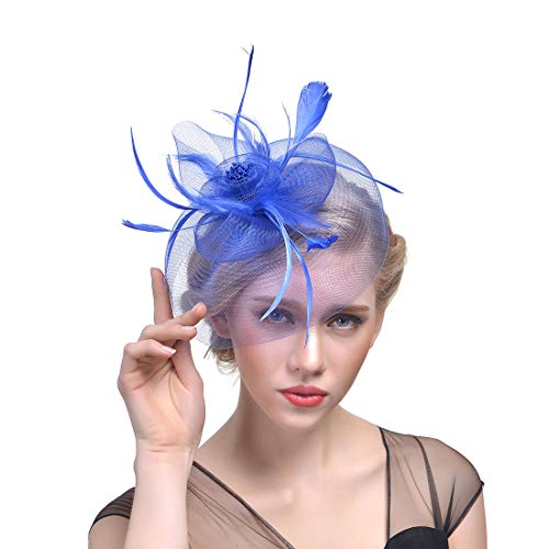 YKMYXZ Blumen-Stirnband, Damen Fascinator Hut Haarspange Feder Hochzeit Braut Cocktailhut Derby Kirche Bankett for Mädchen(MSM 007 blue) von YKMYXZ