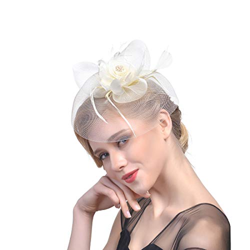 YKMYXZ Blumen-Stirnband, Damen Fascinator Hut Haarspange Feder Hochzeit Braut Cocktailhut Derby Kirche Bankett for Mädchen(MSM 007 champagne) von YKMYXZ