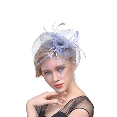 YKMYXZ Blumen-Stirnband, Damen Fascinator Hut Haarspange Feder Hochzeit Braut Cocktailhut Derby Kirche Bankett for Mädchen(MSM 007 grey) von YKMYXZ