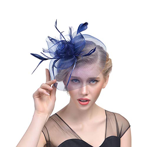 YKMYXZ Blumen-Stirnband, Damen Fascinator Hut Haarspange Feder Hochzeit Braut Cocktailhut Derby Kirche Bankett for Mädchen(MSM 007 navy) von YKMYXZ
