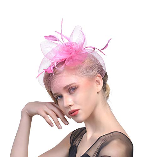 YKMYXZ Blumen-Stirnband, Damen Fascinator Hut Haarspange Feder Hochzeit Braut Cocktailhut Derby Kirche Bankett for Mädchen(MSM 007 pink) von YKMYXZ