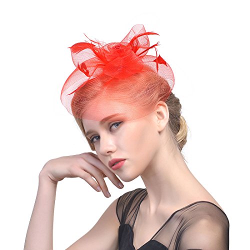 YKMYXZ Blumen-Stirnband, Damen Fascinator Hut Haarspange Feder Hochzeit Braut Cocktailhut Derby Kirche Bankett for Mädchen(MSM 007 red) von YKMYXZ