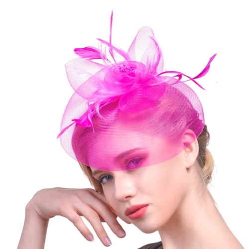 YKMYXZ Blumen-Stirnband, Damen Fascinator Hut Haarspange Feder Hochzeit Braut Cocktailhut Derby Kirche Bankett for Mädchen(MSM 007 rose pink) von YKMYXZ