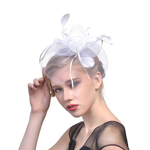 YKMYXZ Blumen-Stirnband, Damen Fascinator Hut Haarspange Feder Hochzeit Braut Cocktailhut Derby Kirche Bankett for Mädchen(MSM 007 white) von YKMYXZ