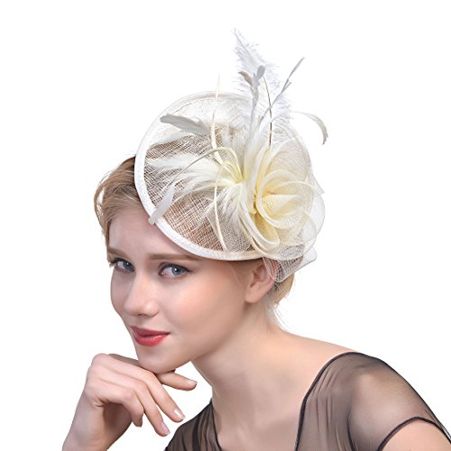 YKMYXZ Blumen-Stirnband, Damen Fascinator Hut Haarspange Feder Hochzeit Braut Cocktailhut Derby Kirche Bankett for Mädchen(MSM 010 beige) von YKMYXZ