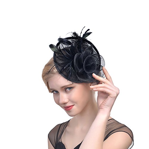 YKMYXZ Blumen-Stirnband, Damen Fascinator Hut Haarspange Feder Hochzeit Braut Cocktailhut Derby Kirche Bankett for Mädchen(MSM 010 black) von YKMYXZ