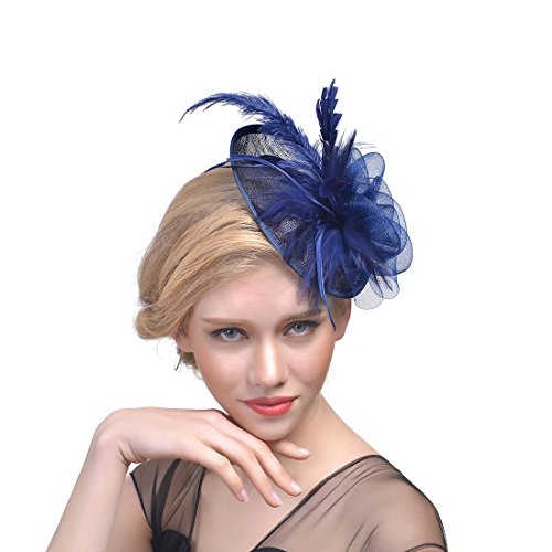 YKMYXZ Blumen-Stirnband, Damen Fascinator Hut Haarspange Feder Hochzeit Braut Cocktailhut Derby Kirche Bankett for Mädchen(MSM 010 navy) von YKMYXZ