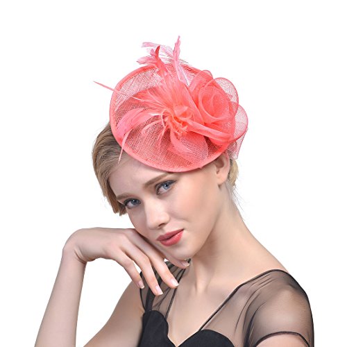 YKMYXZ Blumen-Stirnband, Damen Fascinator Hut Haarspange Feder Hochzeit Braut Cocktailhut Derby Kirche Bankett for Mädchen(MSM 010 orange) von YKMYXZ