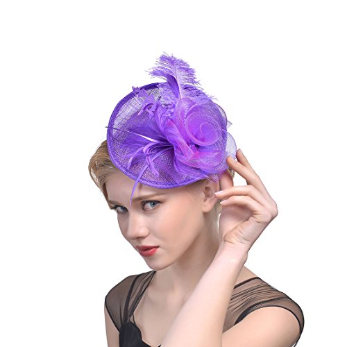 YKMYXZ Blumen-Stirnband, Damen Fascinator Hut Haarspange Feder Hochzeit Braut Cocktailhut Derby Kirche Bankett for Mädchen(MSM 010 purple) von YKMYXZ