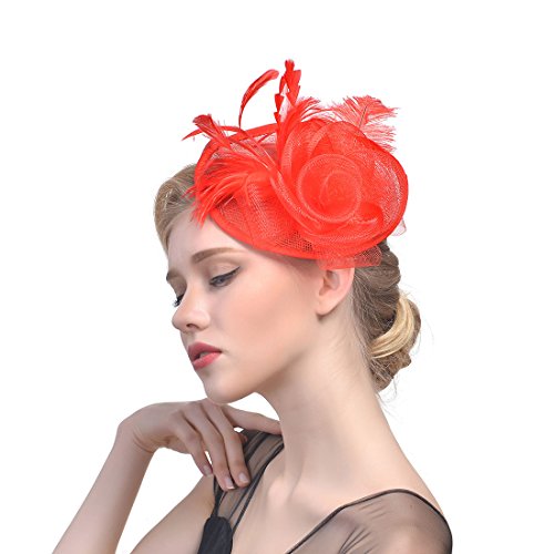 YKMYXZ Blumen-Stirnband, Damen Fascinator Hut Haarspange Feder Hochzeit Braut Cocktailhut Derby Kirche Bankett for Mädchen(MSM 010 red) von YKMYXZ