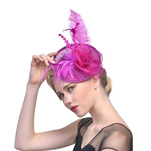 YKMYXZ Blumen-Stirnband, Damen Fascinator Hut Haarspange Feder Hochzeit Braut Cocktailhut Derby Kirche Bankett for Mädchen(MSM 010 rose pink) von YKMYXZ