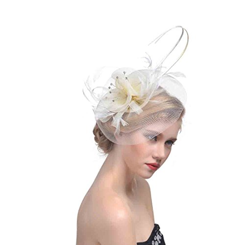 YKMYXZ Blumen-Stirnband, Damen Fascinator Hut Haarspange Feder Hochzeit Braut Cocktailhut Derby Kirche Bankett for Mädchen(MSM 012 beige) von YKMYXZ