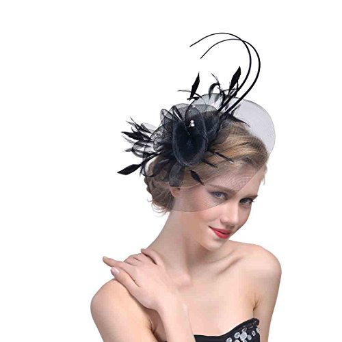 YKMYXZ Blumen-Stirnband, Damen Fascinator Hut Haarspange Feder Hochzeit Braut Cocktailhut Derby Kirche Bankett for Mädchen(MSM 012 black) von YKMYXZ