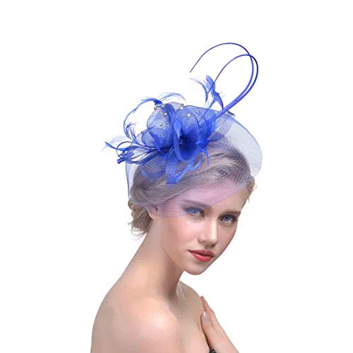 YKMYXZ Blumen-Stirnband, Damen Fascinator Hut Haarspange Feder Hochzeit Braut Cocktailhut Derby Kirche Bankett for Mädchen(MSM 012 blue) von YKMYXZ