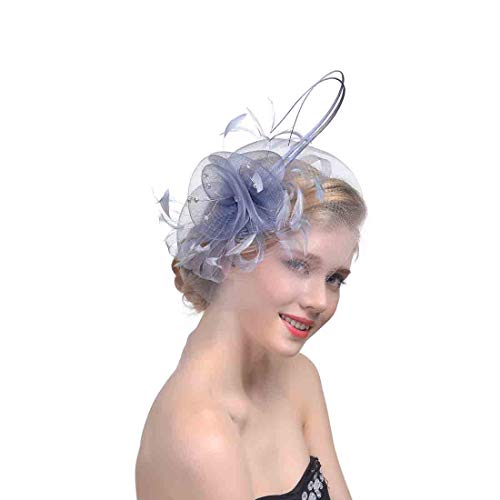 YKMYXZ Blumen-Stirnband, Damen Fascinator Hut Haarspange Feder Hochzeit Braut Cocktailhut Derby Kirche Bankett for Mädchen(MSM 012 grey) von YKMYXZ