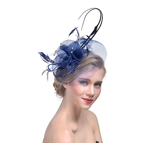 YKMYXZ Blumen-Stirnband, Damen Fascinator Hut Haarspange Feder Hochzeit Braut Cocktailhut Derby Kirche Bankett for Mädchen(MSM 012 navy) von YKMYXZ