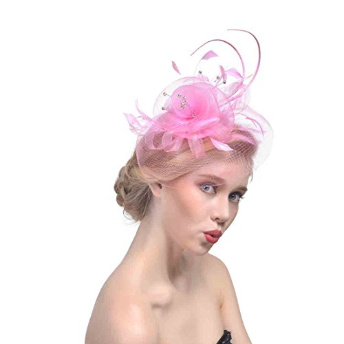 YKMYXZ Blumen-Stirnband, Damen Fascinator Hut Haarspange Feder Hochzeit Braut Cocktailhut Derby Kirche Bankett for Mädchen(MSM 012 pink) von YKMYXZ