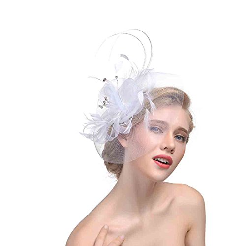 YKMYXZ Blumen-Stirnband, Damen Fascinator Hut Haarspange Feder Hochzeit Braut Cocktailhut Derby Kirche Bankett for Mädchen(MSM 012 white) von YKMYXZ