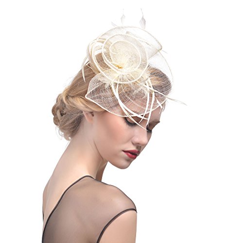 YKMYXZ Blumen-Stirnband, Damen Fascinator Hut Haarspange Feder Hochzeit Braut Cocktailhut Derby Kirche Bankett for Mädchen(MSM 017 beige) von YKMYXZ