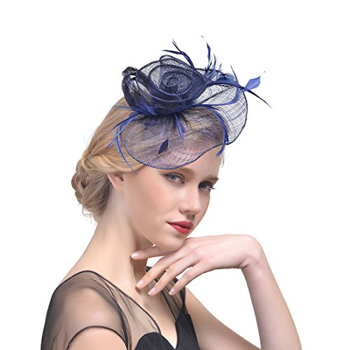 YKMYXZ Blumen-Stirnband, Damen Fascinator Hut Haarspange Feder Hochzeit Braut Cocktailhut Derby Kirche Bankett for Mädchen(MSM 017 navy) von YKMYXZ