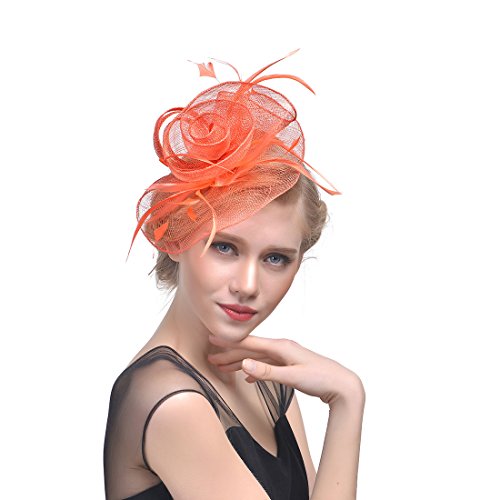 YKMYXZ Blumen-Stirnband, Damen Fascinator Hut Haarspange Feder Hochzeit Braut Cocktailhut Derby Kirche Bankett for Mädchen(MSM 017 orange) von YKMYXZ