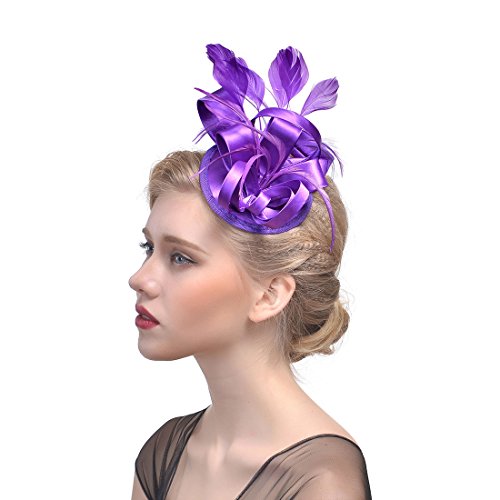 YKMYXZ Blumen-Stirnband, Damen Fascinator Hut Haarspange Feder Hochzeit Braut Cocktailhut Derby Kirche Bankett for Mädchen(MSM 018 Purple) von YKMYXZ
