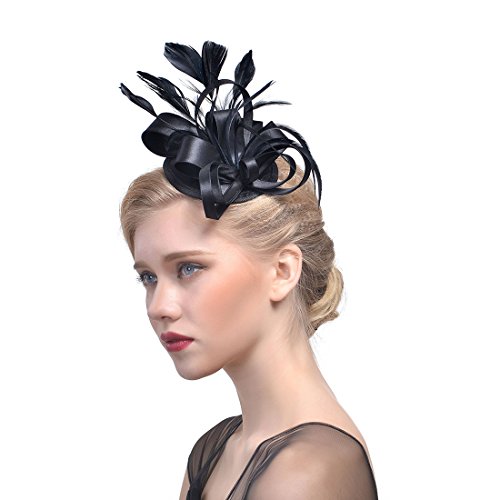 YKMYXZ Blumen-Stirnband, Damen Fascinator Hut Haarspange Feder Hochzeit Braut Cocktailhut Derby Kirche Bankett for Mädchen(MSM 018 black) von YKMYXZ