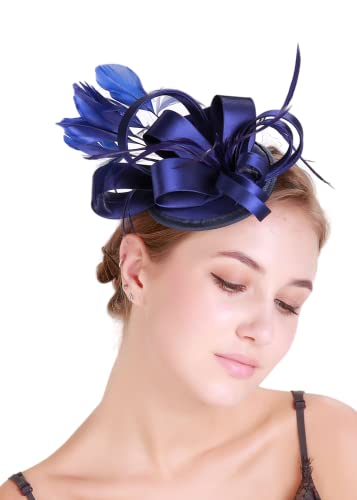 YKMYXZ Blumen-Stirnband, Damen Fascinator Hut Haarspange Feder Hochzeit Braut Cocktailhut Derby Kirche Bankett for Mädchen(MSM 018 navy) von YKMYXZ
