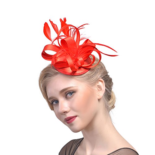 YKMYXZ Blumen-Stirnband, Damen Fascinator Hut Haarspange Feder Hochzeit Braut Cocktailhut Derby Kirche Bankett for Mädchen(MSM 018 red) von YKMYXZ